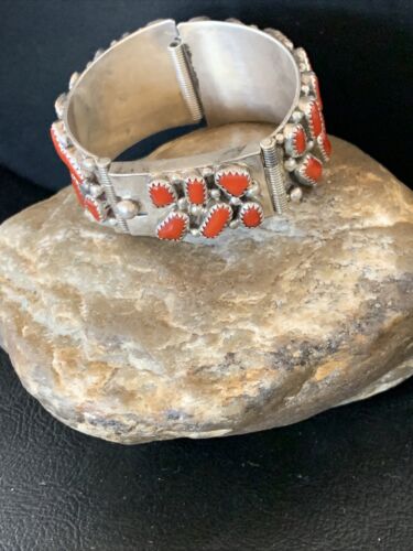 Old Pawn Men's Navajo Sterling Silver Watch Bracelet with Red Coral | Authentic Native American Jewelry | 12152