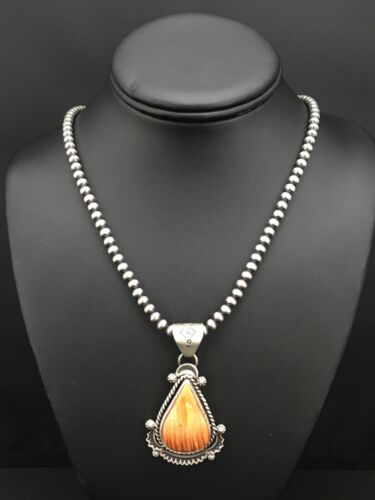 Navajo Orange Spiny Oyster Pendant Necklace | Sterling Silver Pearls | Authentic Native American Handmade | 4883