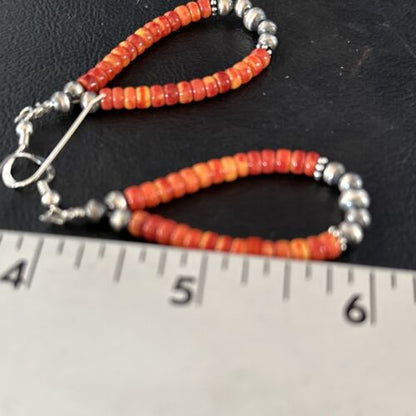 Southwestern Red Spiny Oyster Bead Earrings | Navajo Sterling Silver | Authentic Native American Handmade | 14372