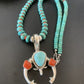 Navajo Pearl Necklace with Blue Turquoise & Coral | Sterling Silver Naja Pendant | 02062