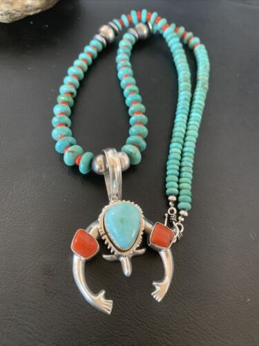 Navajo Pearl Necklace with Blue Turquoise & Coral | Sterling Silver Naja Pendant | 02062