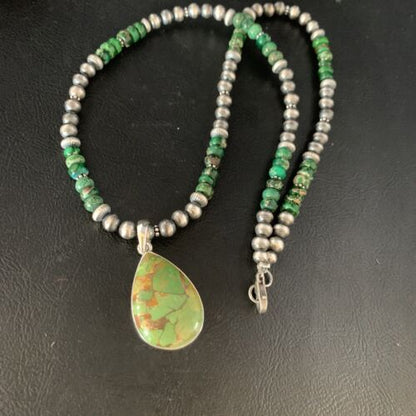 Navajo Green Mojave Turquoise Pendant Necklace | Sterling Silver | Native American Handmade | 13467