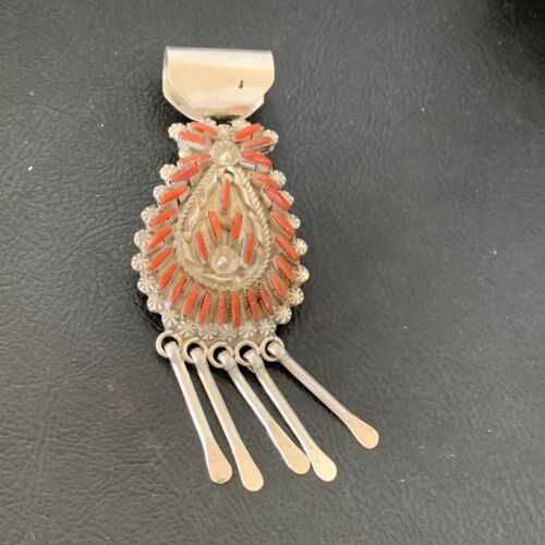 Old Pawn Zuni Multi-Stone Coral Needle Point Pendant Necklace | Sterling Silver | 12556