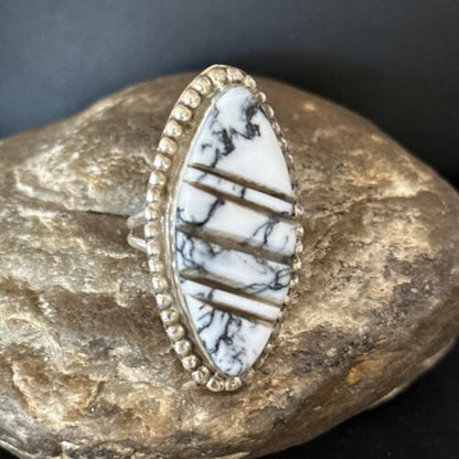 Navajo White Buffalo Turquoise Inlay Ring | Sterling Silver | Sz 8.5 | Authentic Native American Handmade | 14553