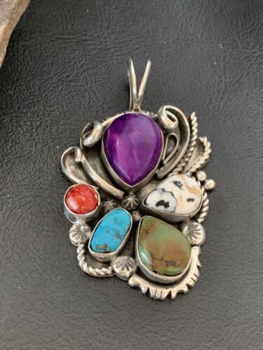 Navajo Sugilite, White Buffalo Turquoise, Spiny Oyster Multi-Stone Pendant | Authentic Native American Sterling Silver | Multi-Stone | 1224