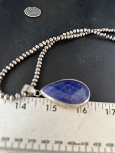 Men's Navajo Pearls Necklace with Faceted Lapis Pendant | Sterling Silver | Authentic Native American Handmade | 14468