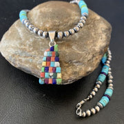 Navajo Multi-Color Blue Turquoise Pendant | Sterling Silver Pearls Necklace | Native American Handmade | 12617