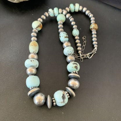 Navajo Pearl Dry Creek Turquoise Beads Necklace | Sterling Silver | 21" | Authentic Native American Handmade | 10978