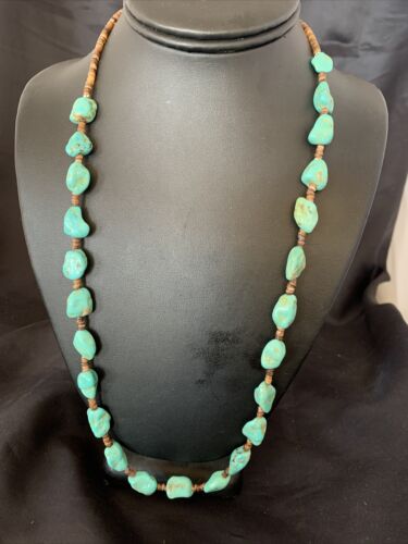 Navajo Pearls Nugget Blue Turquoise Necklace | Sterling Silver Shell | 26" | Authentic Native American Handmade | 12541