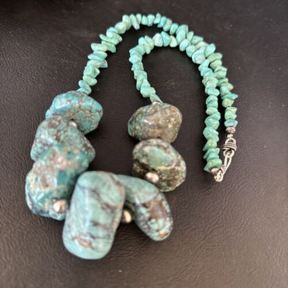 Navajo Chunky Blue Turquoise Nugget Necklace | Sterling Silver | Authentic Native American Handmade | 20" | 14415