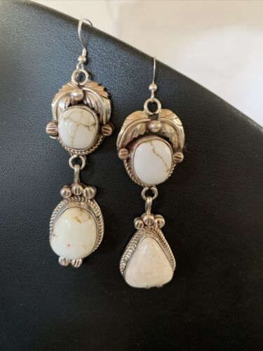 Navajo White Buffalo Turquoise Dangle Earrings | Sterling Silver | 2.50" | Authentic Native American Handmade | 1662