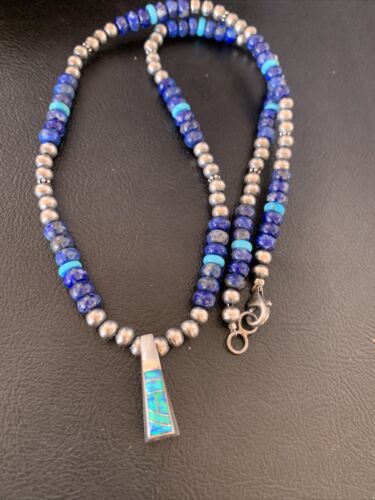 Navajo Men's Pendant | Blue Lapis Turquoise Opal Inlay | Sterling Silver Necklace | 22" | 13387