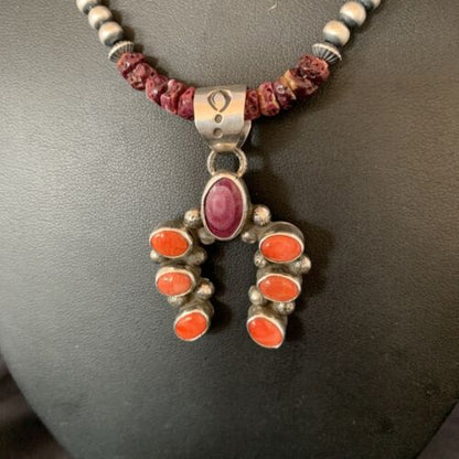 Navajo Purple Spiny Oyster Cluster Necklace | Sterling Silver Naja Pendant | Authentic Native American Handmade | 13154