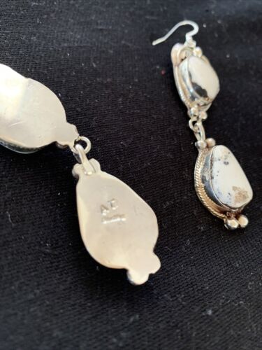 Navajo White Buffalo Turquoise Dangle Earrings | Sterling Silver | 2.50" | Authentic Native American Handmade | 1665
