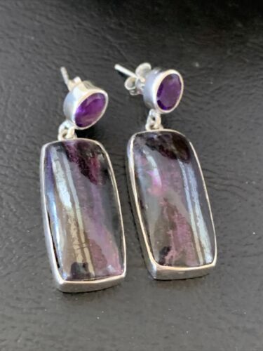 Navajo Purple Sugilite Amethyst Dangle Post Earrings | Sterling Silver | Authentic Native American Handmade | 1566