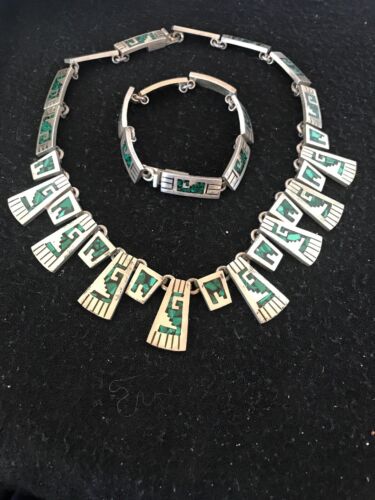 Navajo Old Pawn Sterling Silver Necklace Bracelet Set | Chip Inlay Turquoise | Authentic Native American Jewelry | 11857