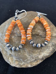 Southwestern Sterling Silver Navajo Pearl Spiny Oyster Bead Earrings | 2" | Authentic Native American Handmade | 854