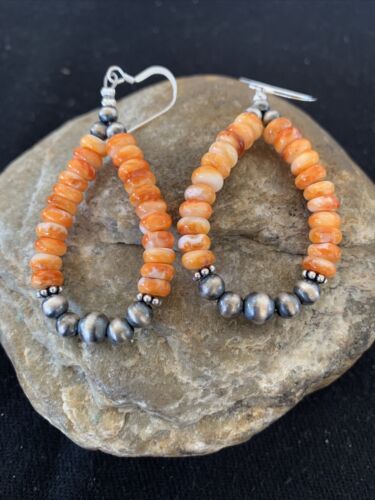 Southwestern Sterling Silver Navajo Pearl Spiny Oyster Bead Earrings | 2" | Authentic Native American Handmade | 854