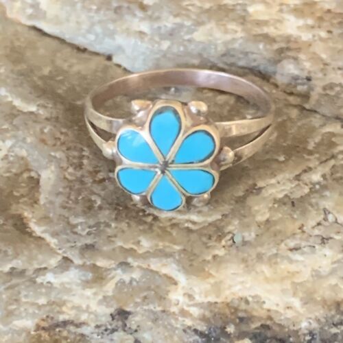 Zuni Blue Turquoise Old Pawn Cluster Sterling Silver Inlay Ring Sz 7.5 12945