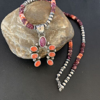 Navajo Purple Spiny Oyster Cluster Necklace | Sterling Silver Naja Pendant | Authentic Native American Handmade | 13154