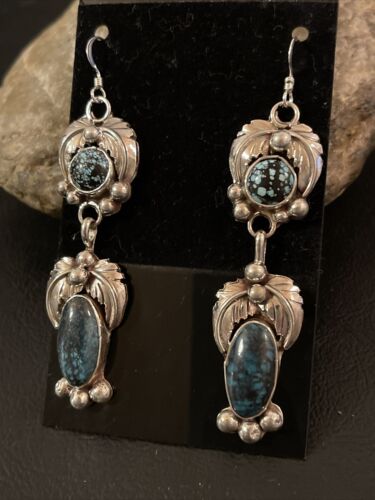 Navajo Spiderweb Turquoise Dangle Earrings | Sterling Silver | Authentic Native American Handmade | 1236