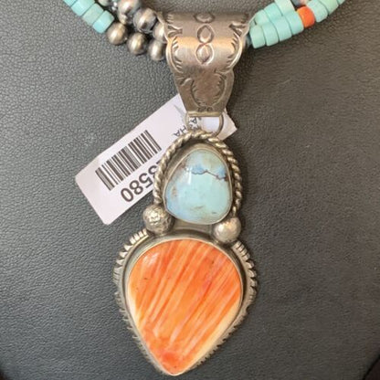 Navajo Dry Creek Turquoise Pendant | Sterling Silver Spiny Necklace | 2.5" | Multi-Strand | 13580 - Masha USA