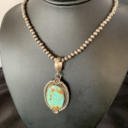Men's Navajo Turquoise #8 Pendant Necklace | Sterling Silver | Native American Handmade | 13260