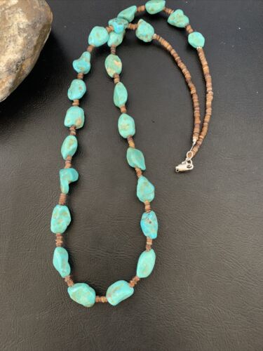 Navajo Pearls Nugget Blue Turquoise Necklace | Sterling Silver Shell | 26" | Authentic Native American Handmade | 12541