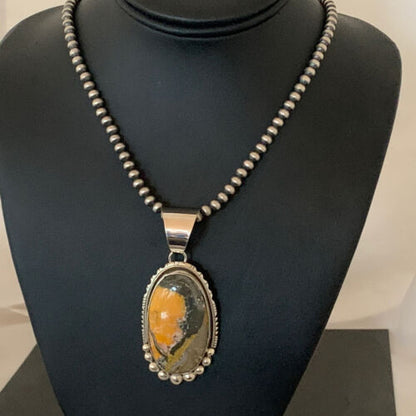 Navajo Pearls Sterling Silver Necklace | Bumblebee Jasper Pendant | Authentic Native American Handmade | 1649 - Masha USA