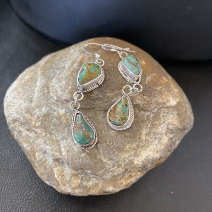 Native American Green Royston Turquoise Dangle Earrings | Navajo Handmade Sterling Silver | 1585