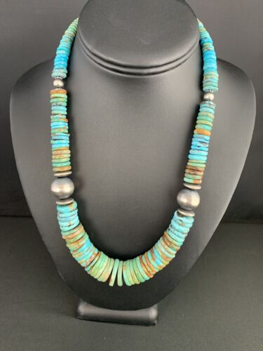 Navajo Sterling Silver Necklace with Southwestern Blue Green Turquoise | 20" | Graduated | Authentic Native American Jewelry