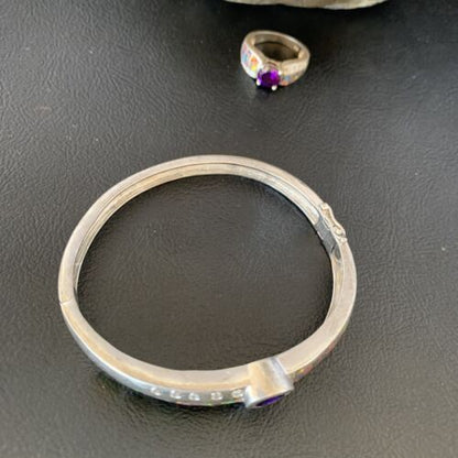 Navajo Sterling Silver Bracelet with Opal and Amethyst | 7" | Ring Sz 6 | Native American Handmade | 13120