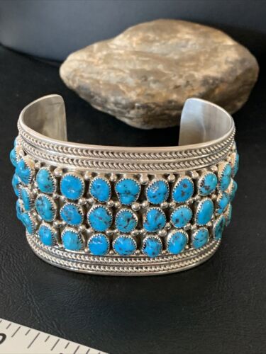 Sterling Silver Blue Kingman Turquoise Cuff Bracelet | 3 Row Stone | Authentic Native American Handmade | 12167