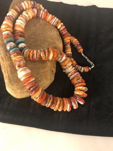 Handmade Turquoise & Spiny Oyster Necklace | Navajo Sterling Silver | Authentic Native American | 32"