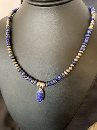 Native American Navajo Blue Lapis Pendant Necklace | Sterling Silver | Authentic Handmade | 12247 - Masha USA