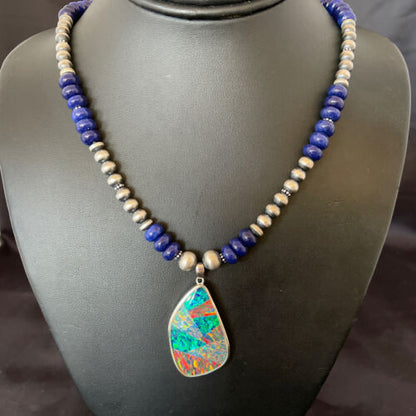 Men's Sterling Silver Necklace | Blue Lapis Bead | Opal Inlay Pendant | 10583