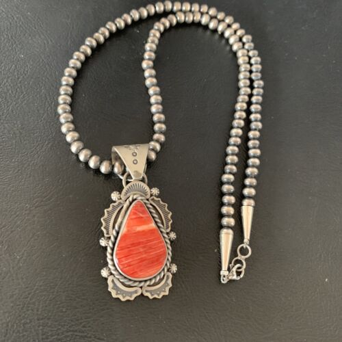Navajo Red Spiny Oyster Pendant | Sterling Silver | 2" | Authentic Native American Handmade | 13320