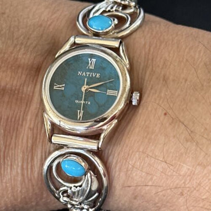 Authentic Navajo Turquoise Feather Wrist Watch Tips Band | Sterling Silver | Native American Jewelry | 14314