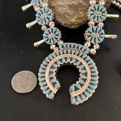 Navajo Dual Side Blue White Buffalo Turquoise Squash Blossom Necklace | Sterling Silver | 14457 - Masha USA