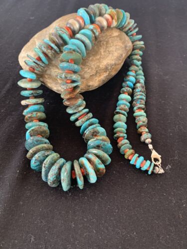 Navajo Pearls Natural Blue Turquoise & Spiny Oyster Necklace | Sterling Silver | Graduated | Authentic Native American | 28" | 00381