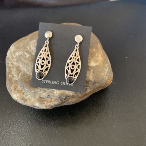 Navajo Black Onyx Drop Earrings | Sterling Silver | 1.25" | Authentic Native American Handmade | 12650