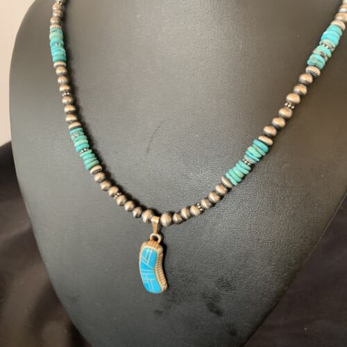 Navajo Pearls Turquoise Necklace with Inlay Pendant | Sterling Silver | 21" | Authentic Native American Handmade | 12579