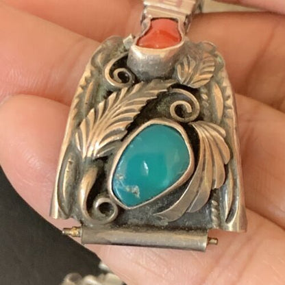 Navajo Sterling Silver Watch Tips | Old Pawn Turquoise & Coral Band | Authentic Native American Jewelry | 11931