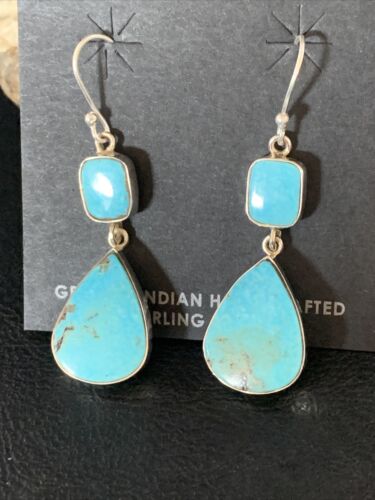 Kingman Turquoise Dangle Earrings | Navajo Sterling Silver | Authentic Native American Handmade | 14078