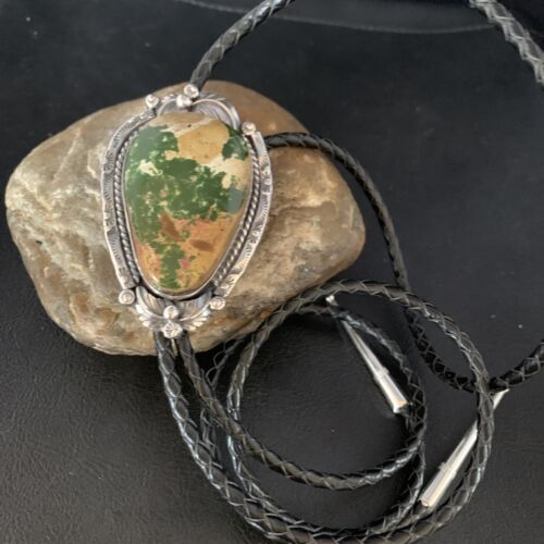 Navajo Green Royston Turquoise Bolo Tie | Sterling Silver | Authentic Native American Handmade | 14107