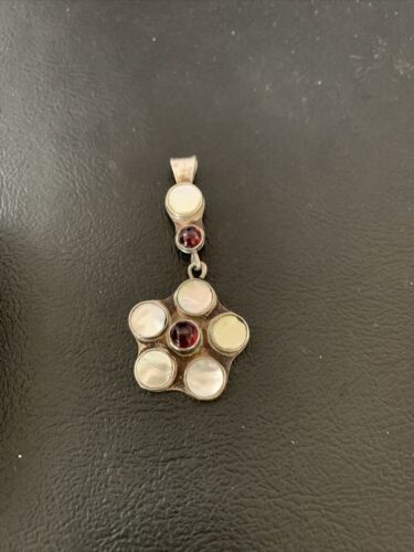 Old Pawn Vintage Multi-Stone Flower Pendant | Sterling Silver | Mother of Pearl & Garnet Dangle | 1186