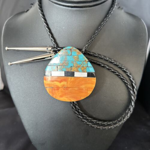 Men's Bolo Tie | Turquoise & Orange Spiny Oyster | Sterling Silver Tips | 14628