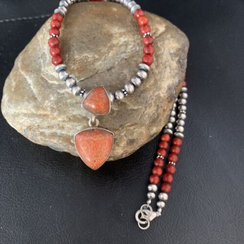 Navajo Red Apple Coral and Multi-Stone Bead Necklace | Sterling Silver | Authentic Native American Handmade | 13414