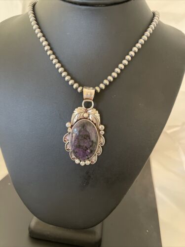 Native American Men's Necklace | Sterling Silver Navajo Pearls with Sugilite Pendant | 1523 - Masha USA