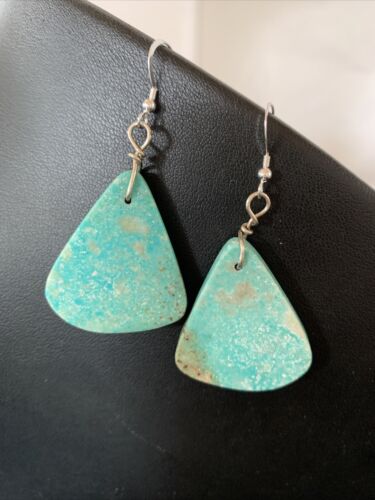 Southwestern Navajo Slab Turquoise Dangle Earrings | Sterling Silver | Authentic Native American Handmade | 1323